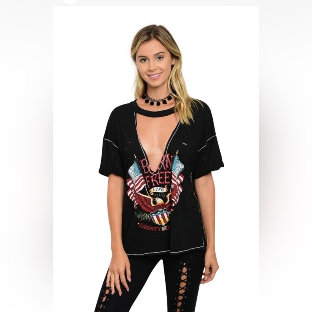Deep V Choker Neck Short Sleeve Graphic Tee